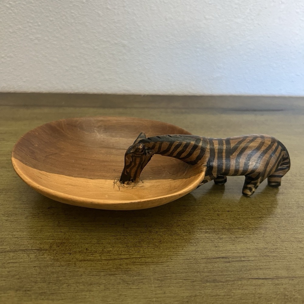 Vintage made in Kenya Hand Painted Hand Carved Wood 8" Zebra Bowl Ethnic African - Picture 3 of 8